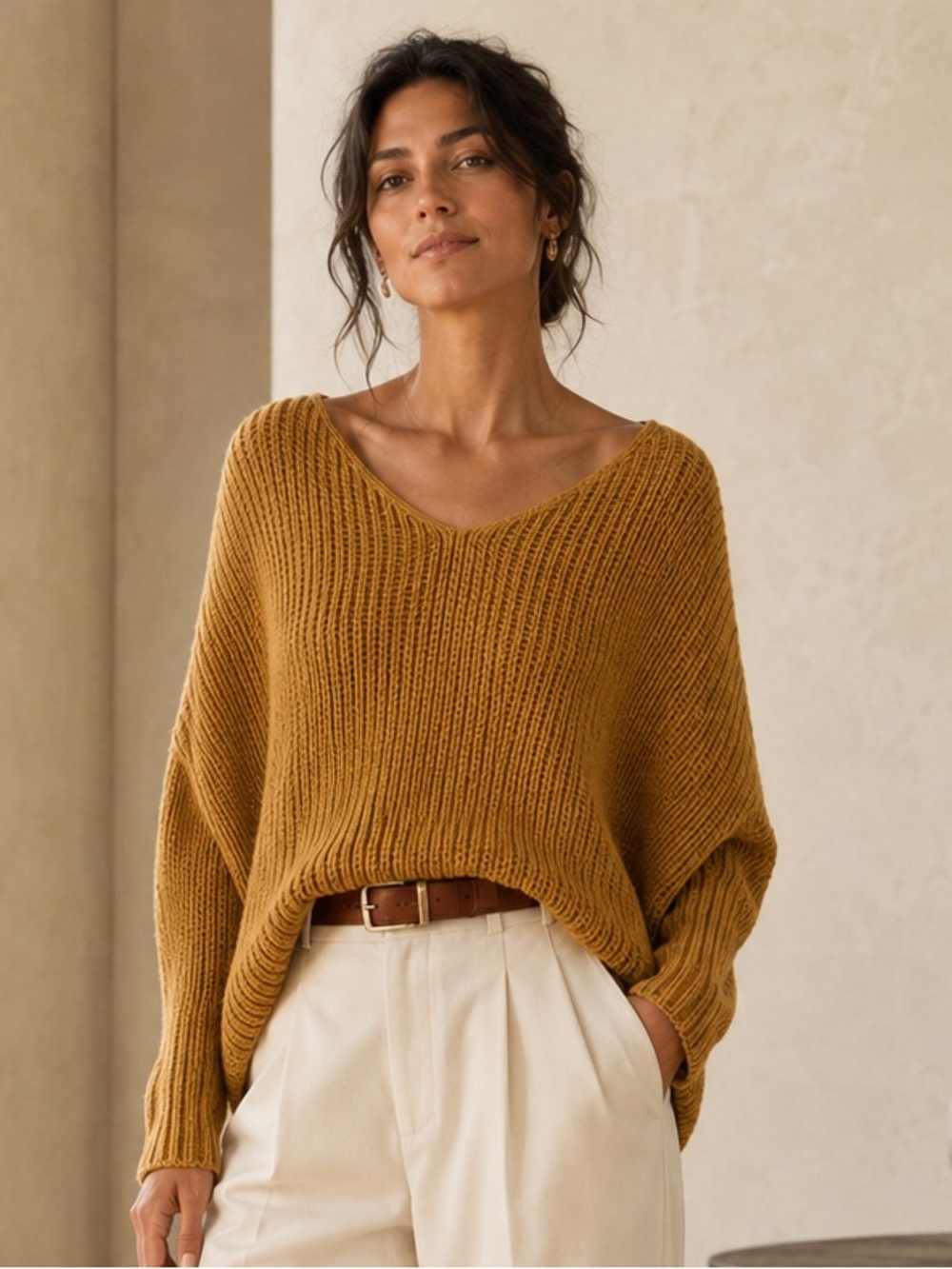 JENNI KAYNE Cotton Cabin Sweater Mustard Organic Cotton V-Neck Medium